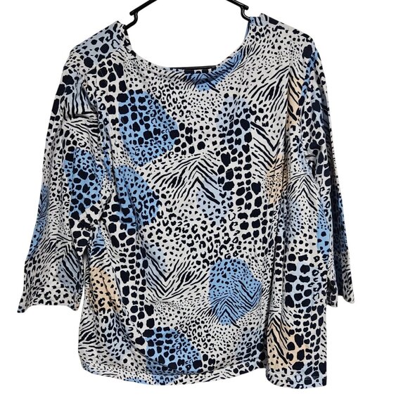 Hearts Of Palm Animal Print Top Womens Plus Size 1X Blue Black 3/4 Sleeve Blouse - Picture 2 of 4
